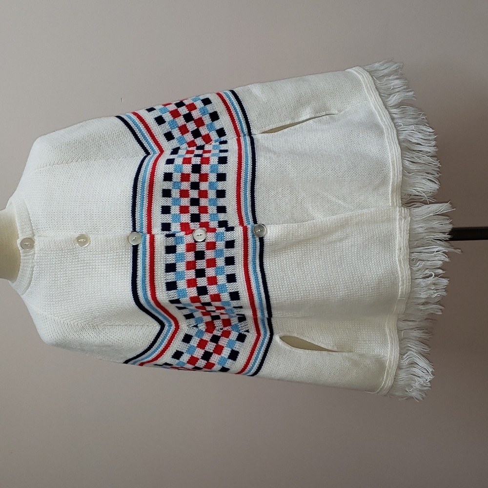 Vintage Fringed Knit White Cape with Blue and Red Check and Stripe Print